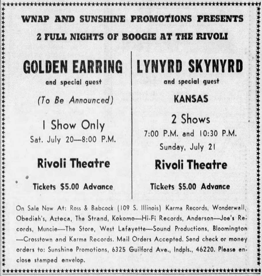 Show ad for Golden Earring show July 20 1974 Indianapolis - Rivoli